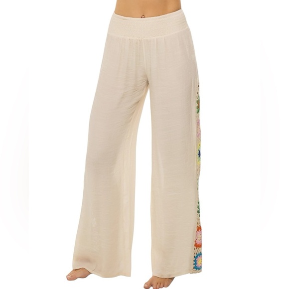 Elan Samoa 2025 Crochet Side Wide Leg Pants High Waist Flowy Cream Large NWT - Picture 12 of 12
